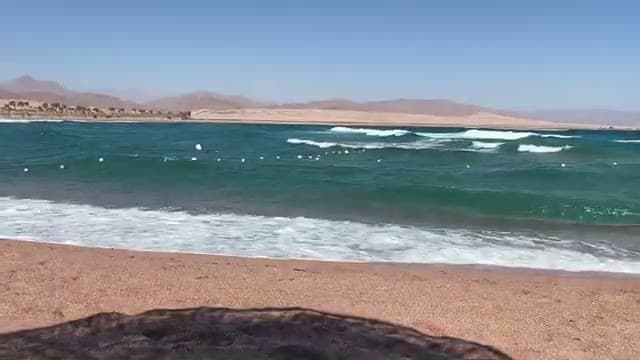 Le onde del Mar Rosso sulla spiaggia del Barcelo Sharm, con il deserto e le montagne di Nabq sullo sfondo