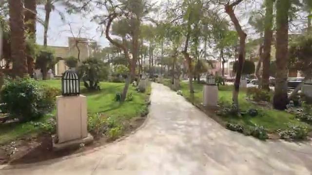 Il viale alberato che dall'ingresso di The Grand Hotel porta verso le camere, fra prati curati e palme