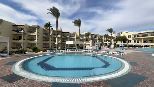 Le palme piegate dal vento d'inverno nei giardini del Grand Oasis Resort, l'unica vera pecca segnalata da staff e ospiti