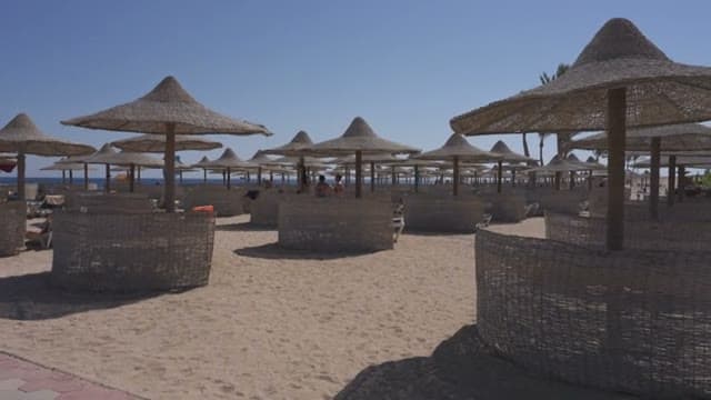 La spiaggia sabbiosa del Malikia Marsa Alam con le file di ombrelloni di paglia e i lettini davanti al mare