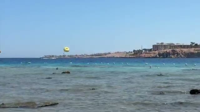 Il paracadute giallo del parasailing sopra la baia di Naama Bay