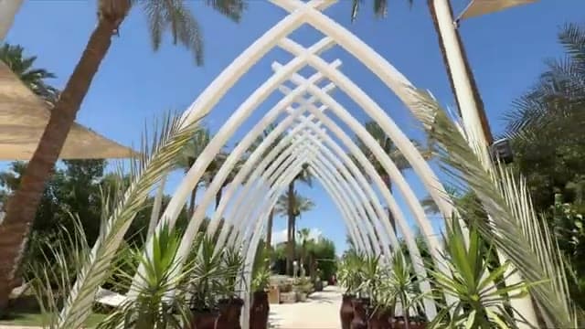 La passerella con gli archi bianchi tra le palme che porta alla spiaggia dello Swissôtel