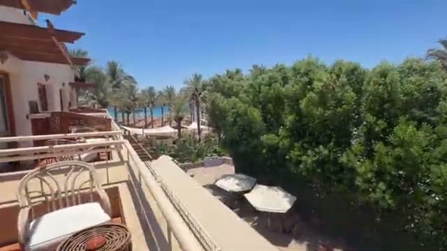La vista dal balcone dell'Oonas Dive Club verso il mare di Naama Bay, tra le palme e gli ombrelloni