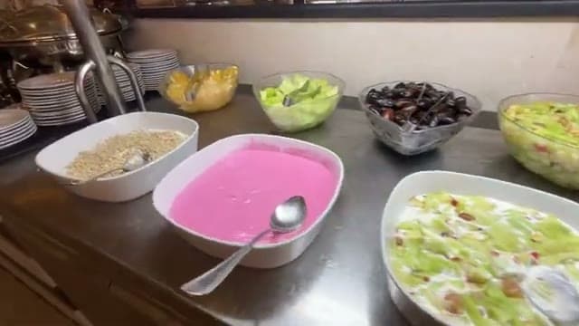 Il buffet della colazione al Parrotel Lagoon con yogurt, cereali e insalate di frutta