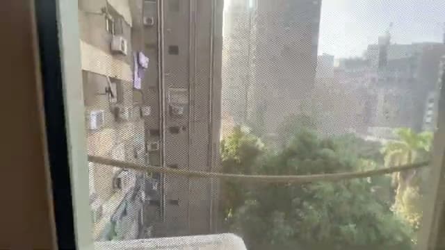 La vista dalla finestra della camera: palazzi del Cairo, unità di climatizzazione e alberi nella zona di Dokki