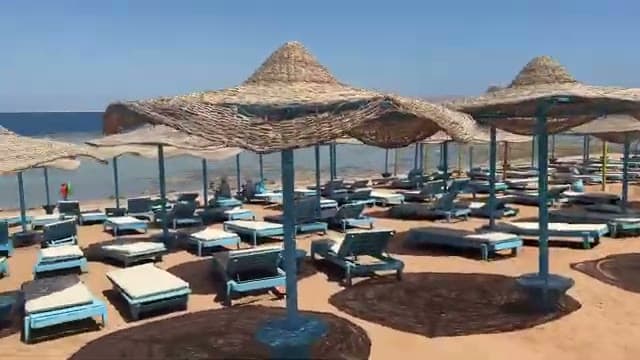 La spiaggia semivuota del Royal Rehana con gli ombrelloni di paglia, i lettini e il pontile sullo sfondo