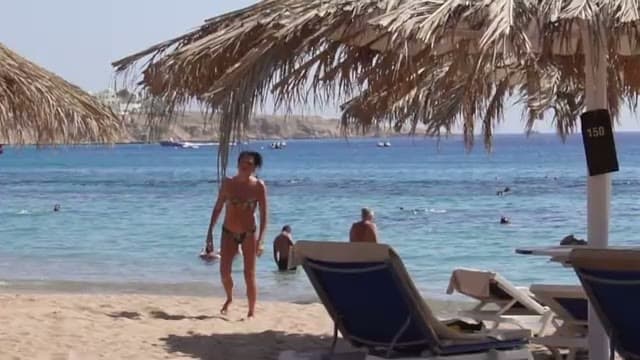 La spiaggia sabbiosa dello Sharm Dreams con gli ombrelloni di paglia e i lettini davanti al mare di Naama Bay