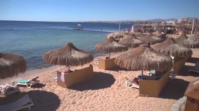 La spiaggia del Sunrise Remal Beach con gli ombrelloni di paglia, la sabbia fine e il pontile che si intravede in fondo