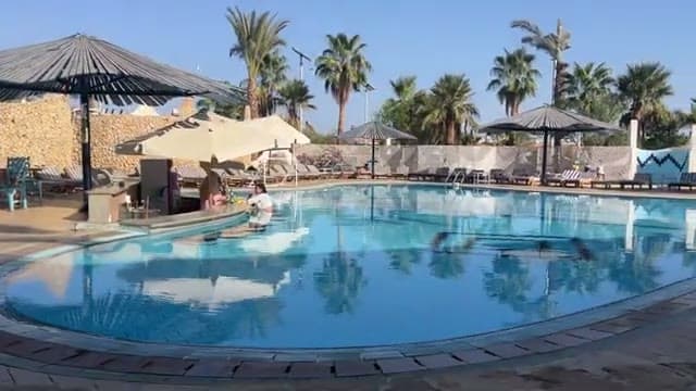 L'unica piscina del Turquoise, piccola e circondata da palme e ombrelloni