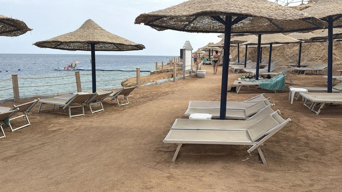 La zona sulla scogliera del V Hotel Sharm con ombrelloni di paglia e lettini affacciati sulla barriera corallina