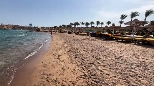 La spiaggia sabbiosa dell'Xperience Golden Sandy Beach sulla baia di Sharm El Maya, con lettini e ombrelloni sulla sabbia