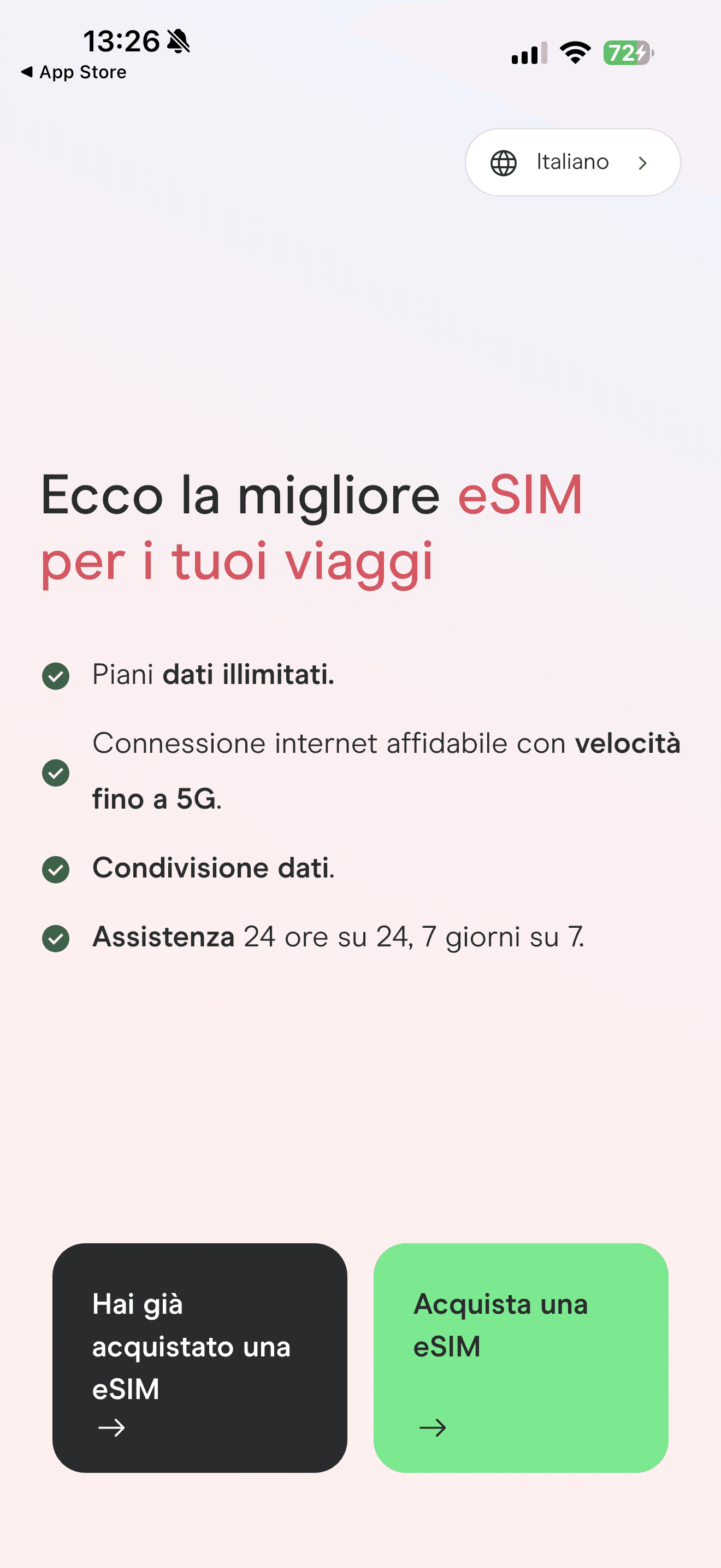 La schermata di benvenuto dell'app Holafly