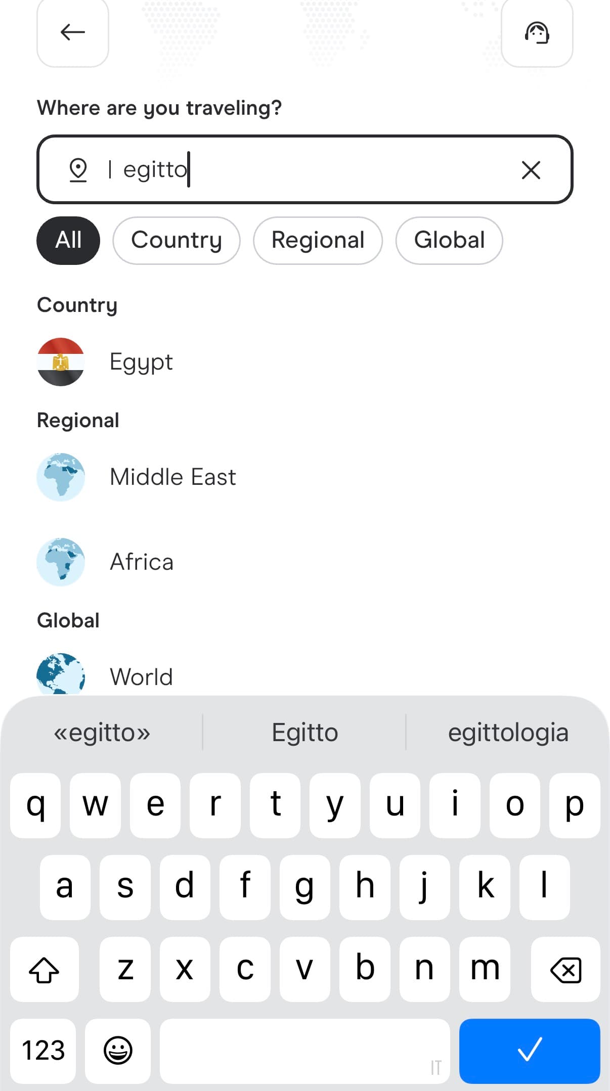 La ricerca dell'Egitto nell'app Holafly, scritta in italiano