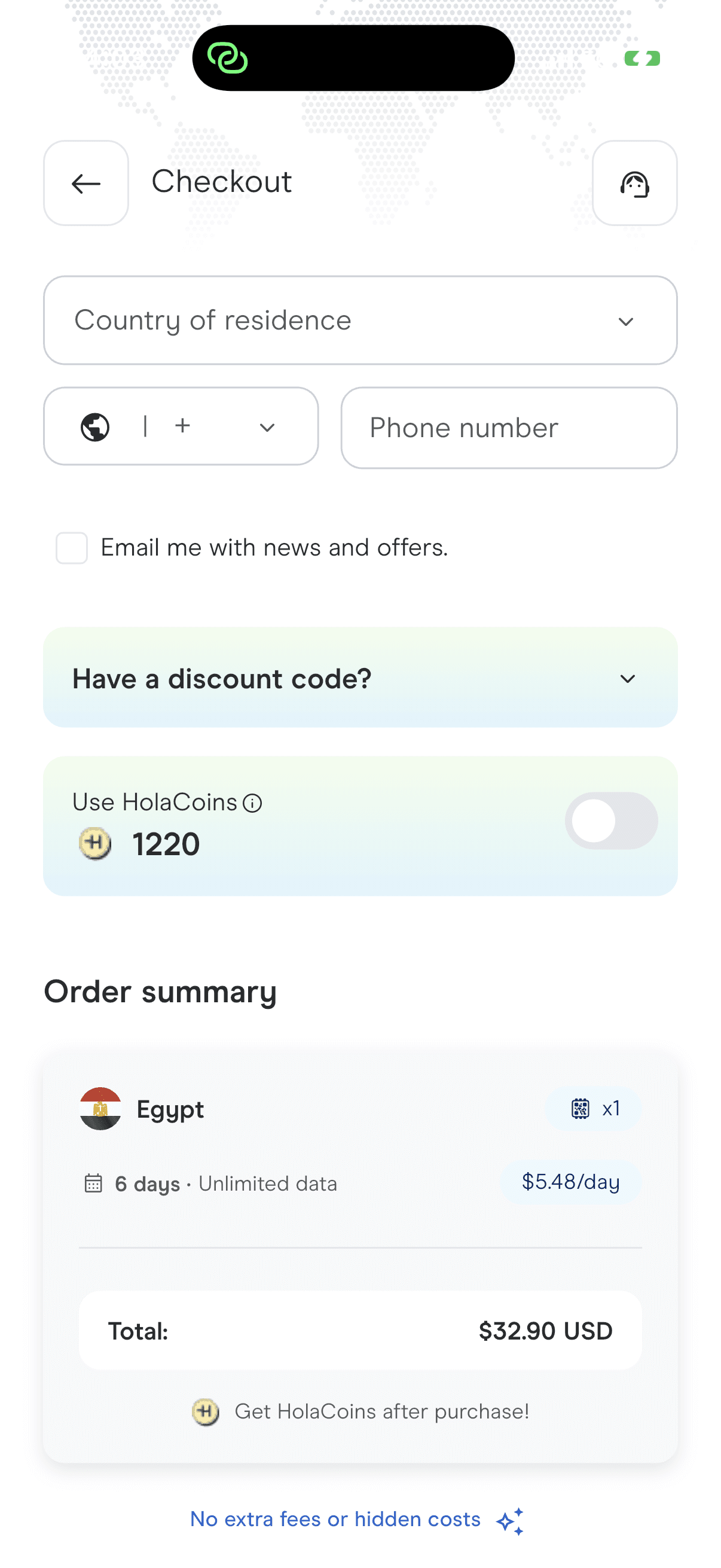 Il checkout di Holafly con il campo per il codice sconto