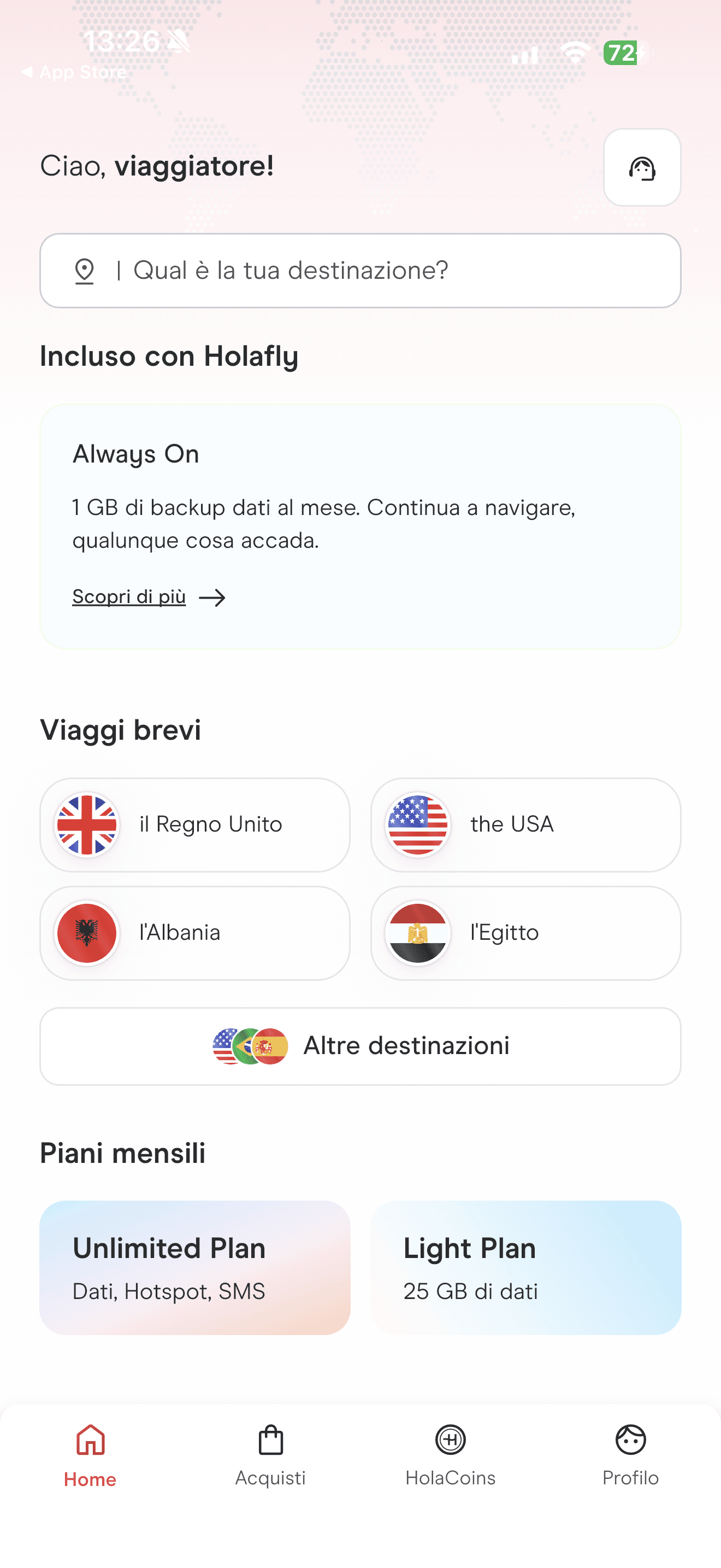 La schermata principale dell'app Holafly con l'Egitto tra le destinazioni
