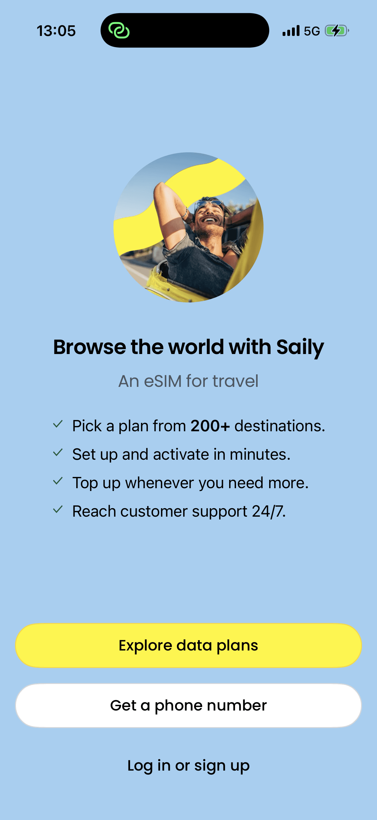 La schermata di benvenuto dell'app Saily