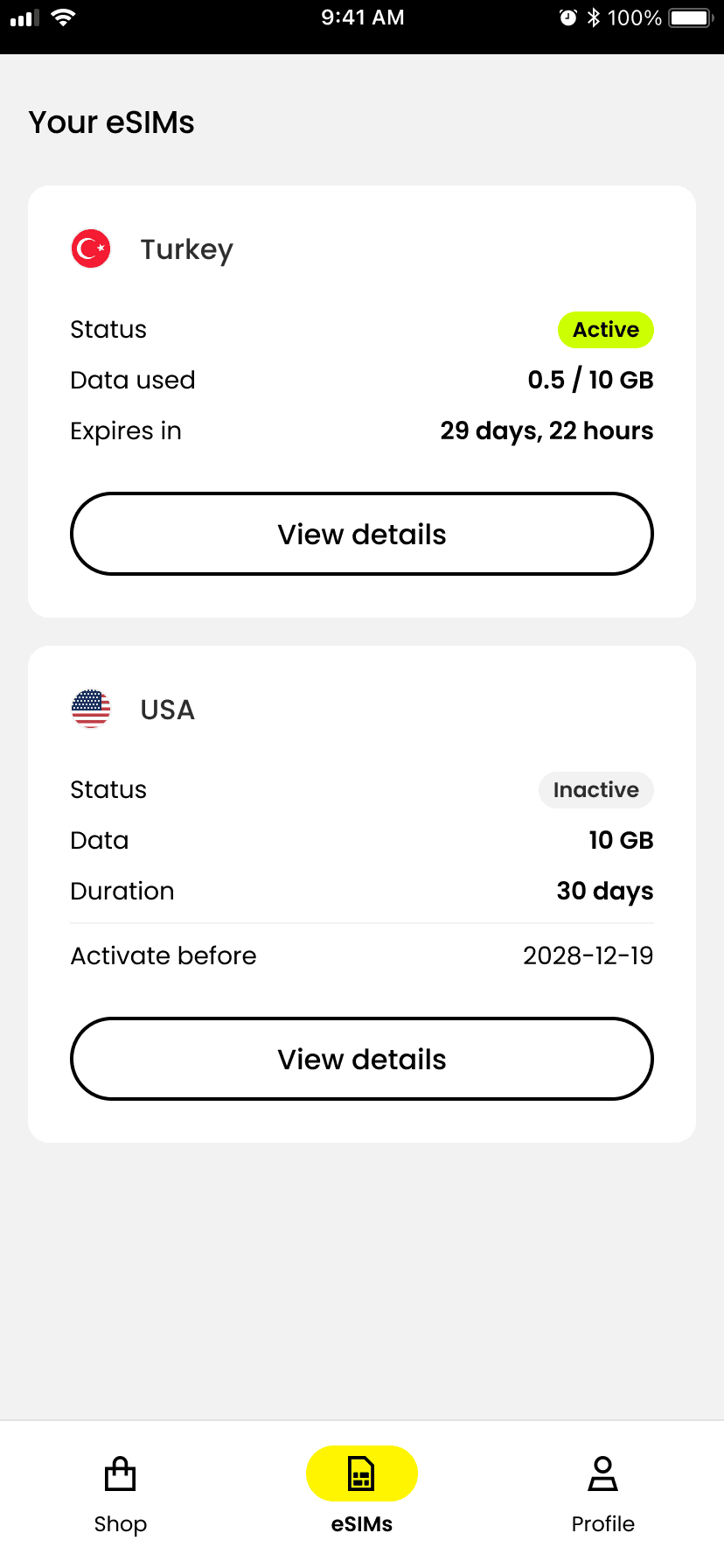 La lista delle eSIM nell'app Saily, una attiva e una ancora da usare
