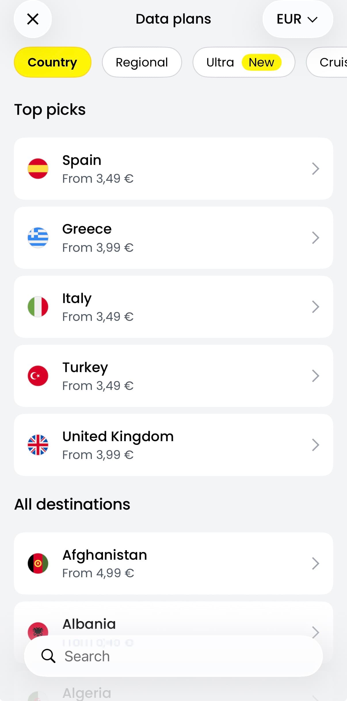 L'elenco delle destinazioni nell'app Saily