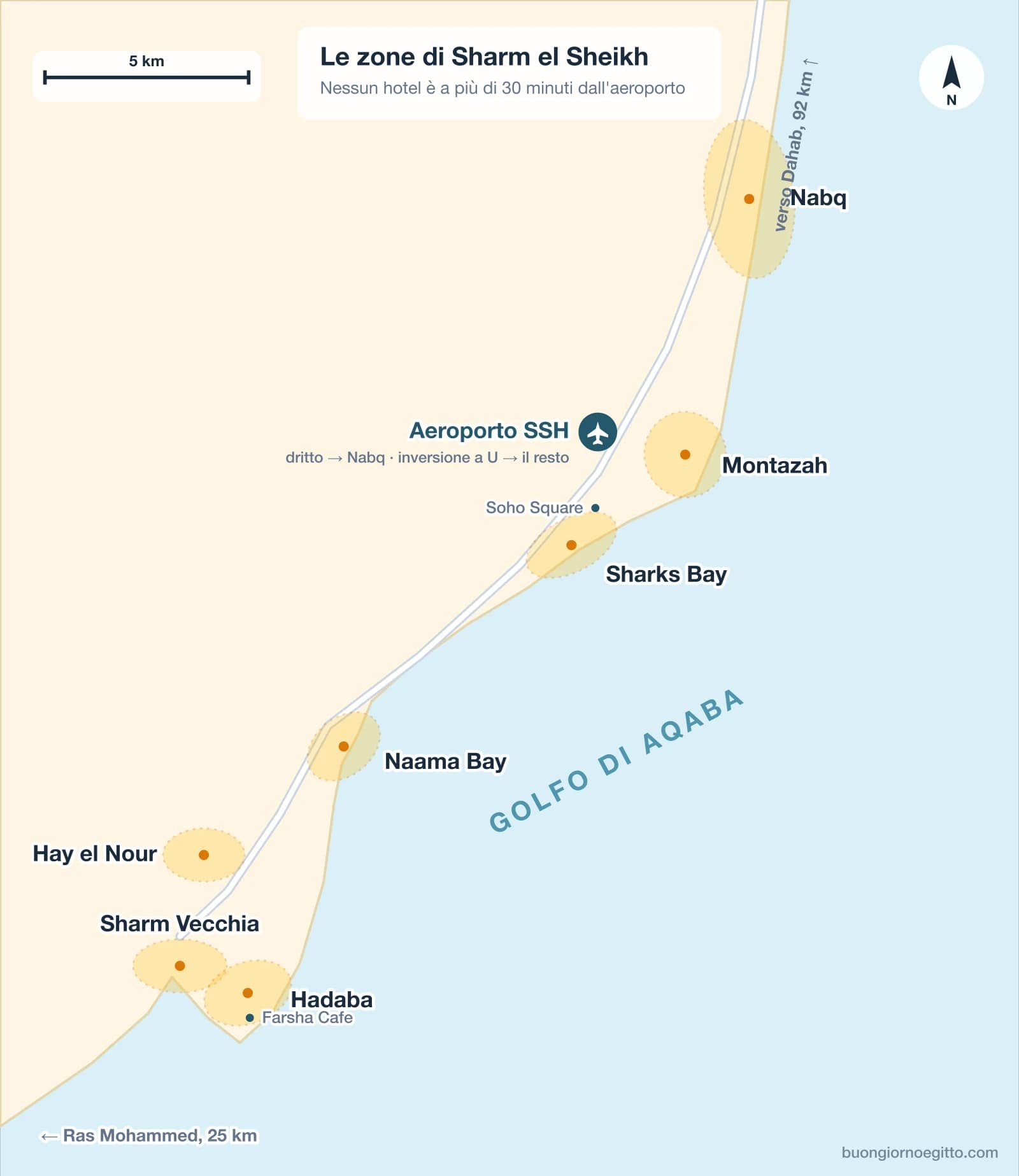 Mappa delle zone di Sharm el Sheikh con l'aeroporto SSH: Nabq, Montazah, Sharks Bay, Naama Bay, Hay el Nour, Hadaba e Sharm Vecchia lungo la costa del Golfo di Aqaba