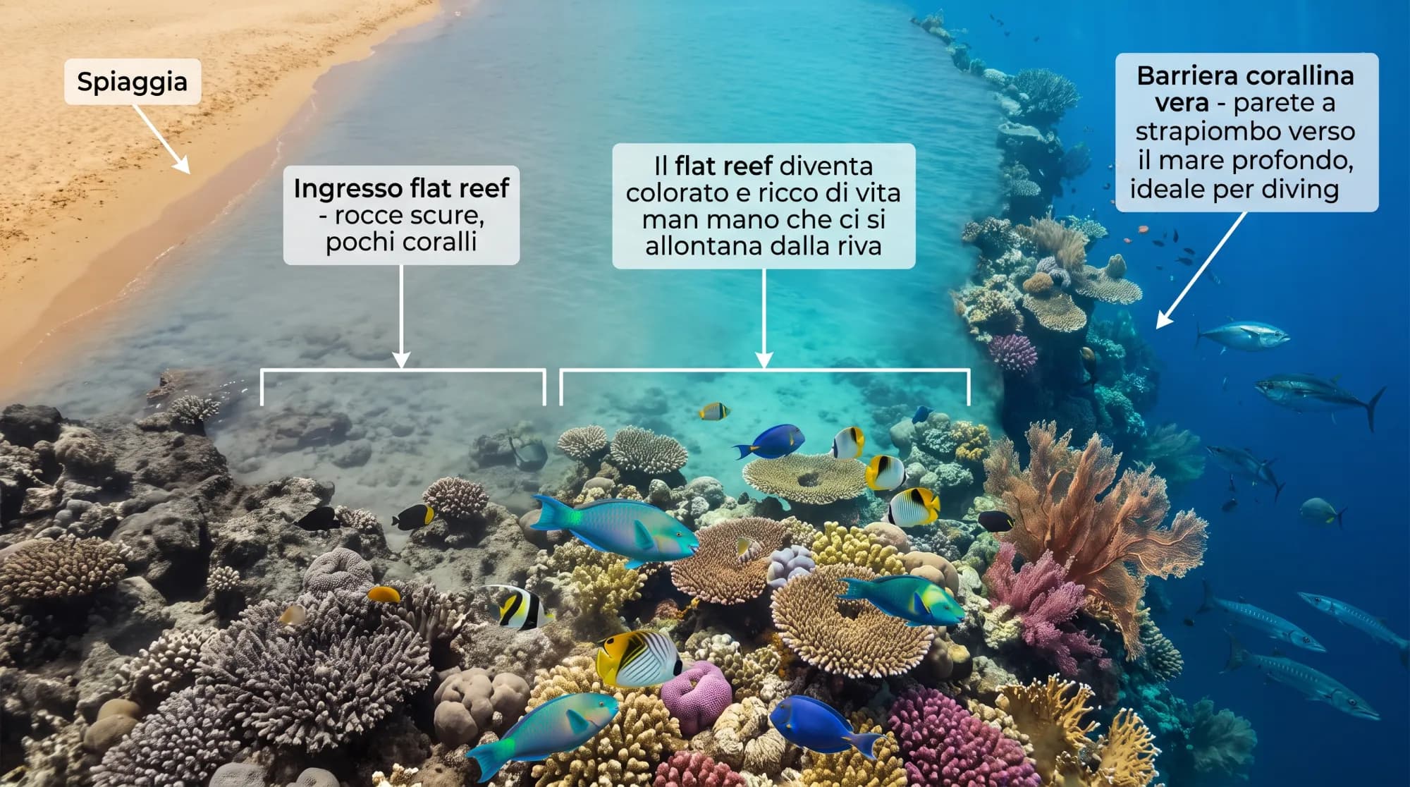 Sezione della costa di Sharm: la spiaggia, l'ingresso sul flat reef con rocce scure e pochi coralli, il flat reef che diventa colorato allontanandosi da riva e infine la barriera vera a strapiombo sul mare profondo