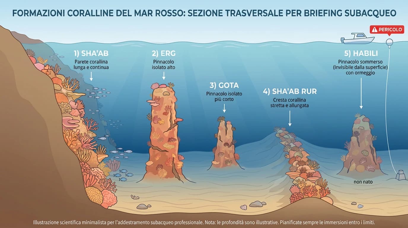 Sezione delle formazioni coralline del Mar Rosso: sha'ab, la parete lunga e continua; erg, il pinnacolo isolato alto; gota, più corto; sha'ab rur, la cresta stretta e allungata; habili, il pinnacolo sommerso invisibile dalla superficie