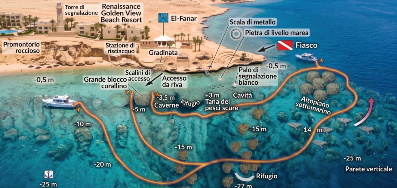 Mappa del punto immersione di El Fanar a Ras Um Sid: accesso da riva con gradinata e scala di metallo, blocco corallino, altopiano sottomarino e parete verticale fino a 25 metri