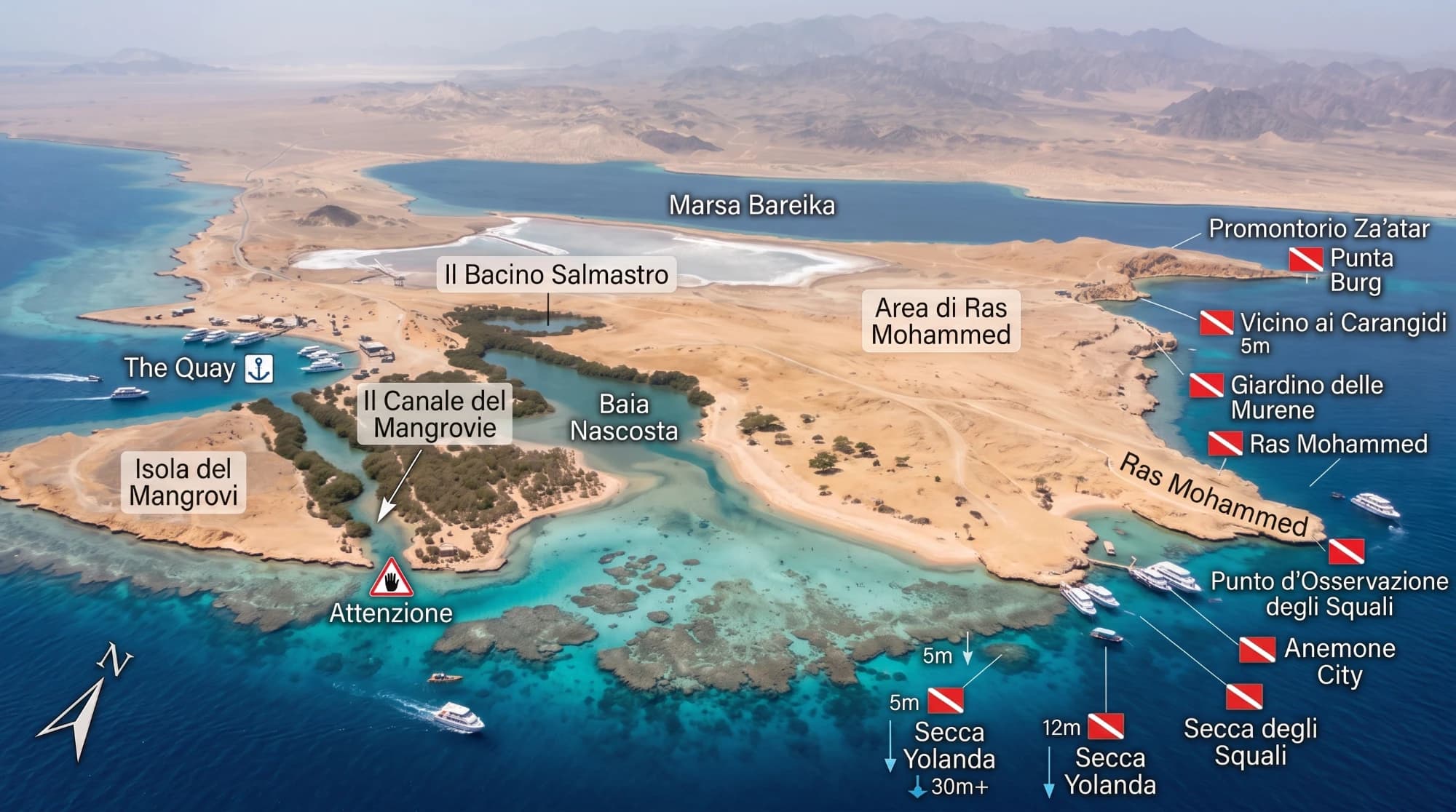 Mappa di Ras Mohammed vista dall'alto: Marsa Bareika, il canale delle mangrovie, la baia nascosta e i punti di immersione lungo la punta, da Anemone City a Shark Reef e Yolanda