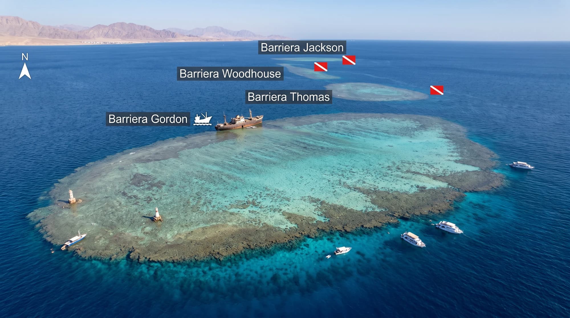 I quattro reef dello stretto di Tiran visti dall'alto: Gordon con il relitto incagliato in primo piano, poi Thomas, Woodhouse e Jackson allineati verso nord