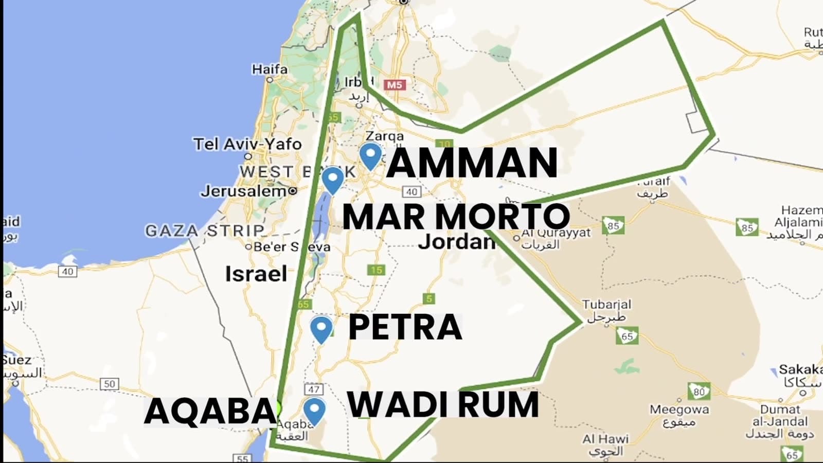 Mappa della Giordania con Amman, Mar Morto, Petra, Wadi Rum e Aqaba