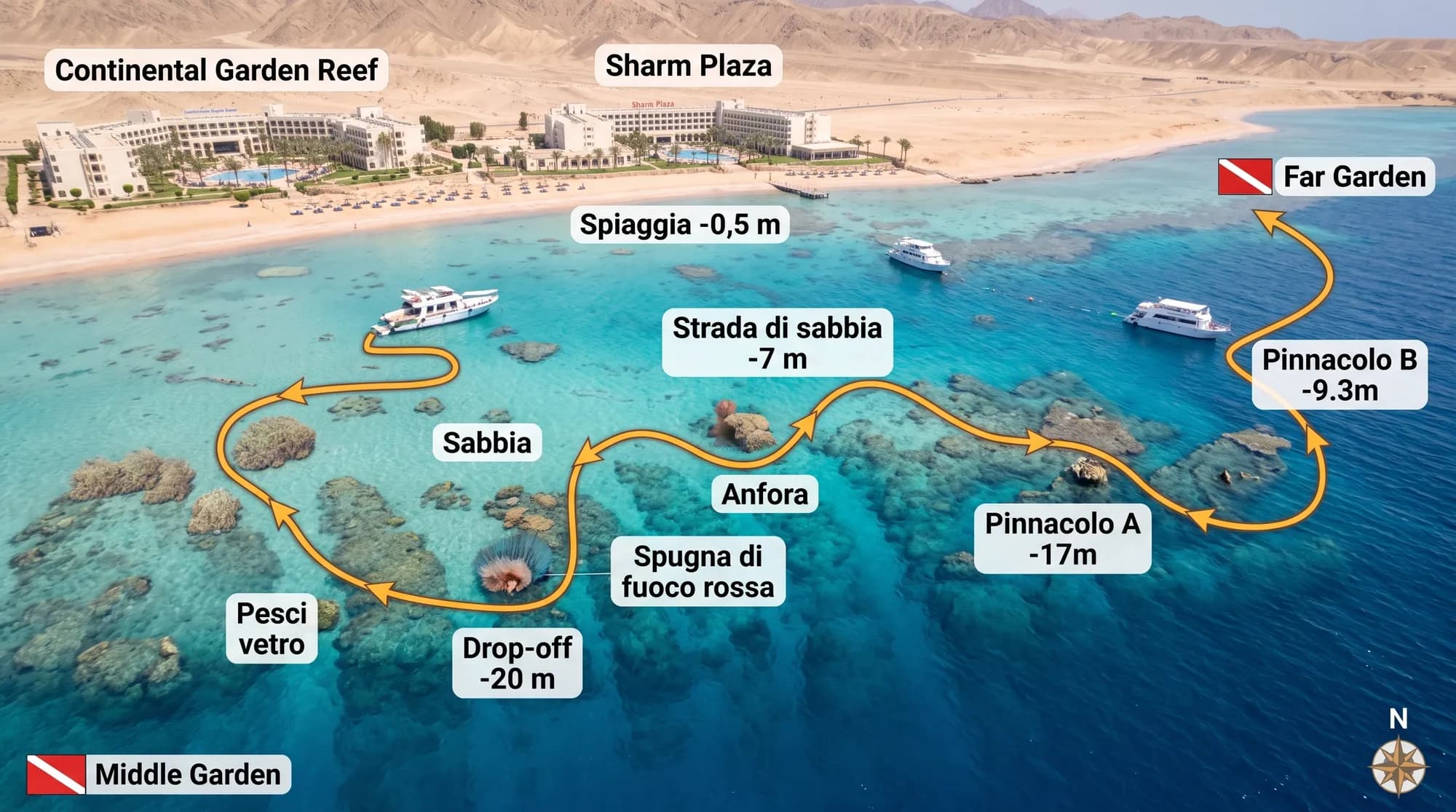 Mappa di Fiddle Garden: la strada di sabbia a -7 m, i resti di un'anfora, la spugna di fuoco rossa, i pinnacoli A e B e il drop-off a -20 m