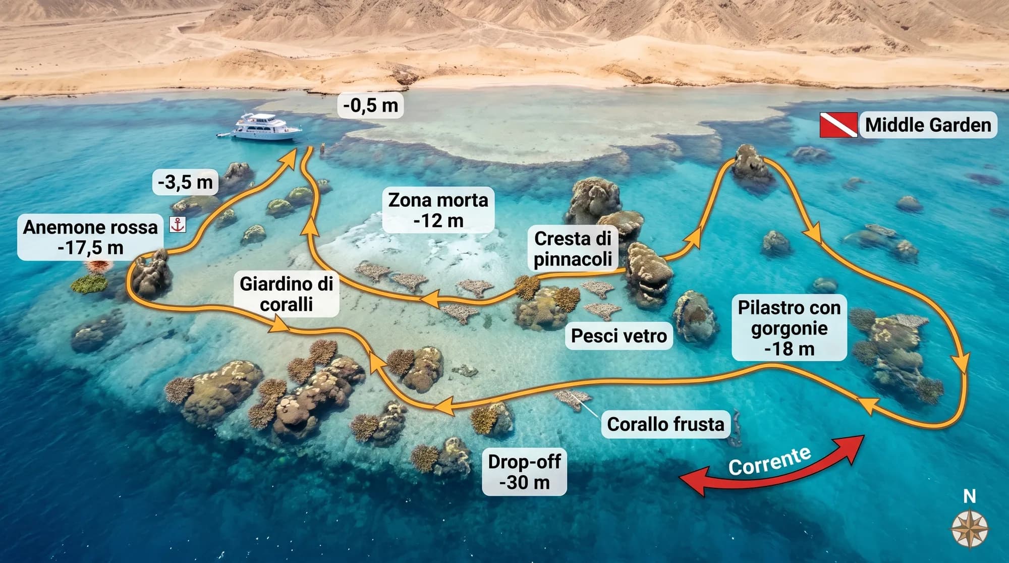 Mappa di Near Garden: l'anemone rossa a -17,5 m, la zona morta a -12 m, la cresta di pinnacoli, il pilastro con le gorgonie e il drop-off a -30 m