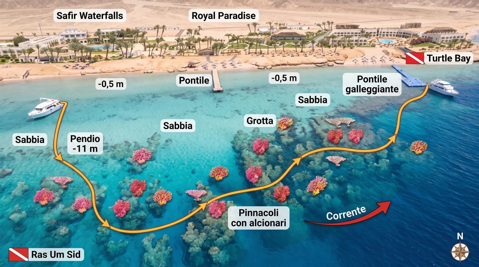Mappa di Paradise: il Safir Waterfalls e il Royal Paradise, il pontile e il pontile galleggiante, i pinnacoli coperti di alcionari e la corrente verso Ras Um Sid