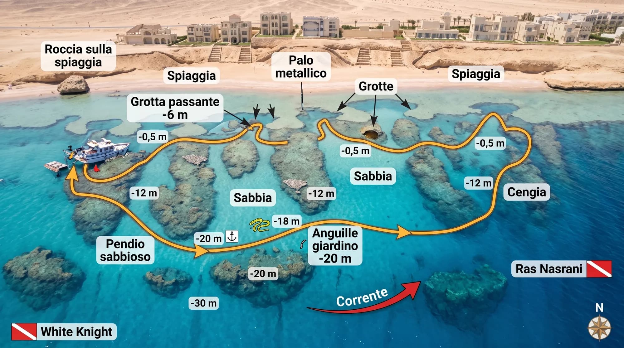 Mappa di Ras Bob: piccole baie sabbiose tra i coralli, la grotta passante a -6 m, il giardino di anguille a -20 m e il pendio sabbioso verso White Knight