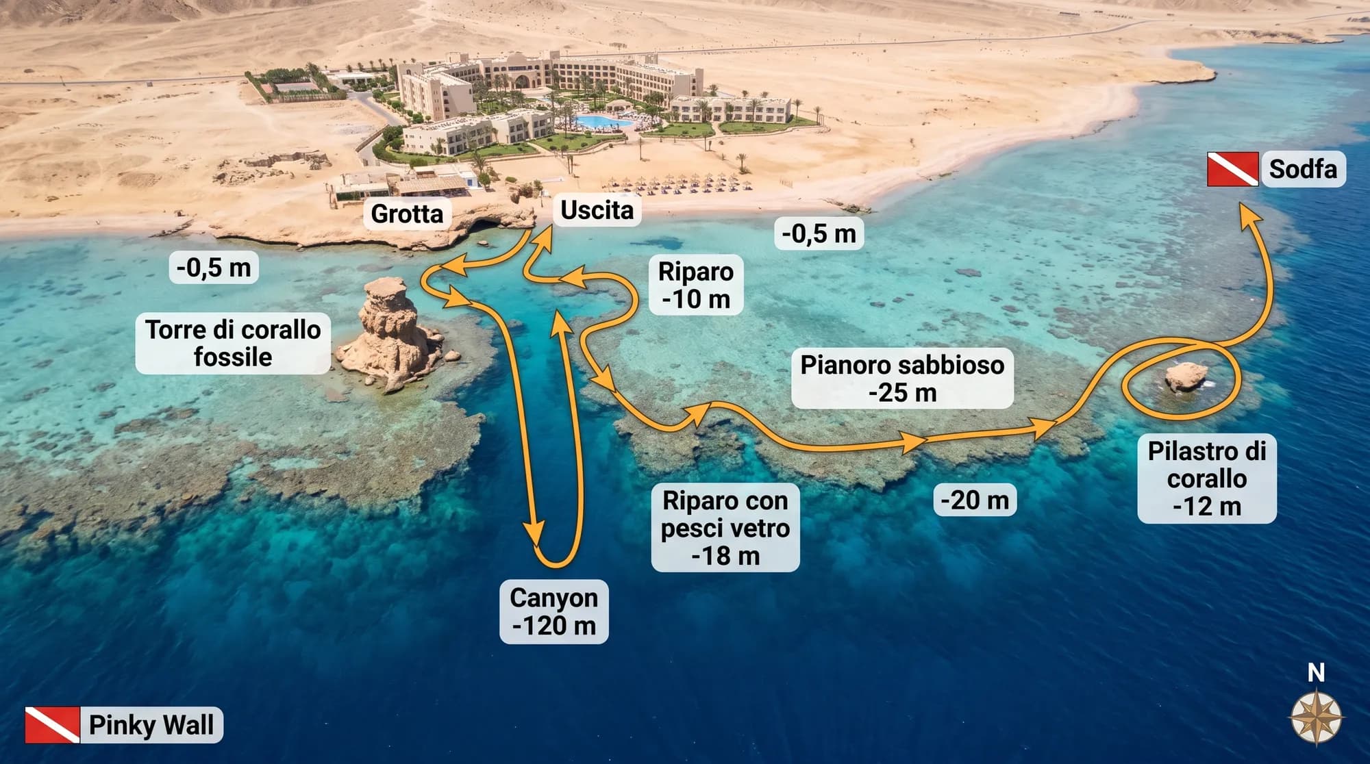 Mappa di Tower: la torre di corallo fossile sulla spiaggetta, la grotta e l'uscita vicino a riva, il canyon fino a -120 m, il pianoro sabbioso a -25 m e il pilastro di corallo a -12 m