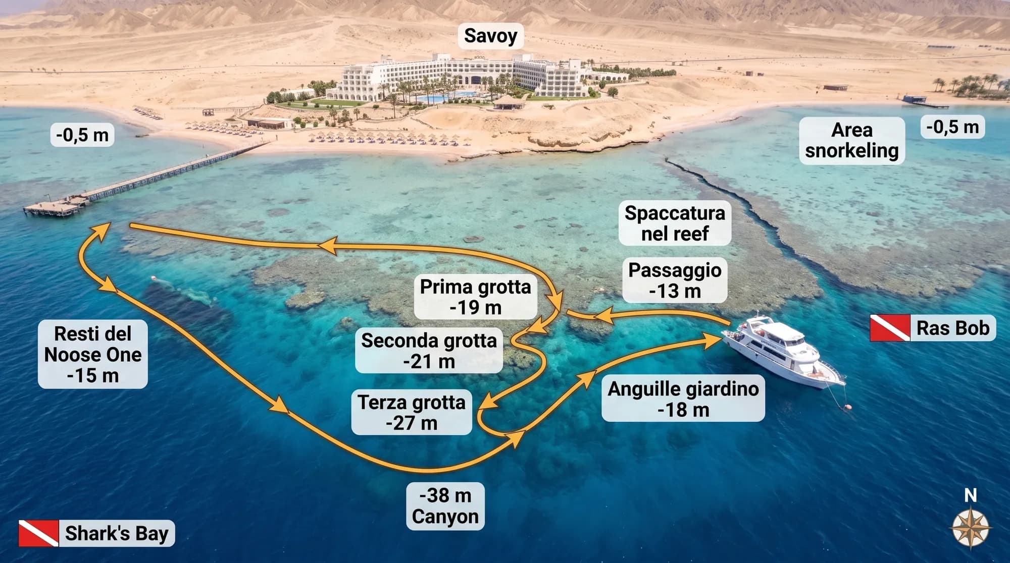 Mappa di White Knight: il Savoy, la spaccatura nel reef da cui si entra, l'area snorkeling, il passaggio a -13 m, le tre grotte e il canyon fino a -38 m