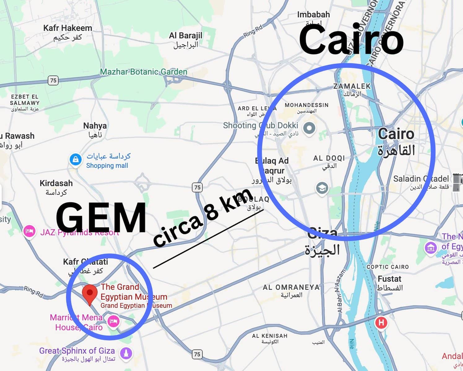 Mappa del Cairo e distanza dal Nuovo Museo Egizio GEM