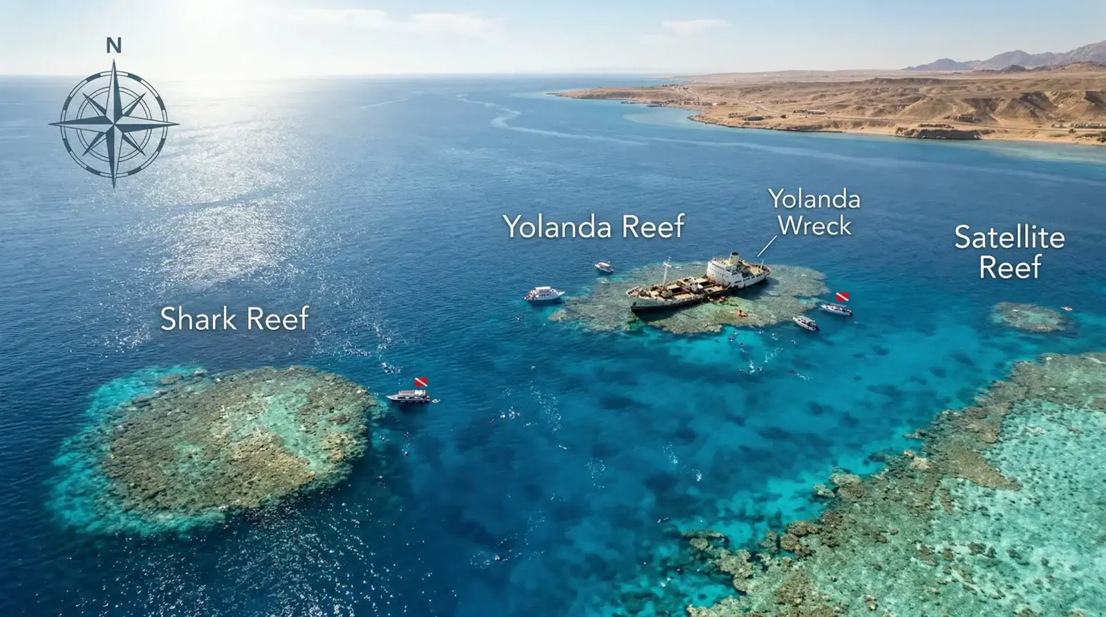 Veduta aerea dello Yolanda Reef nel Mar Rosso con relitto nave, barriere coralline e barche da immersione