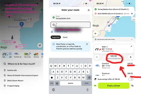 Schermata di app di trasporto con ricerca di rotta verso Taring Bedon Eom, mostrando opzioni di prenotazione con prezzi in EGP e pulsante per trovare conducente