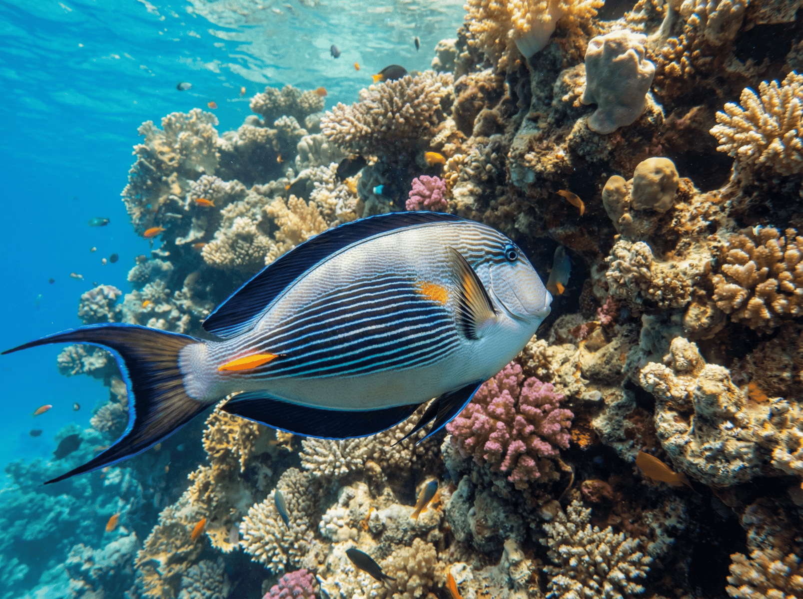 Pesce chirurgo a strisce blu e bianche nuota davanti a una barriera corallina colorata nel Mar Rosso
