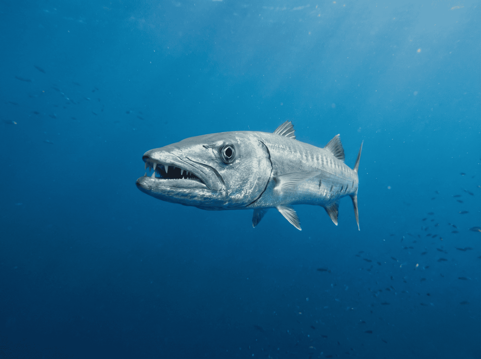 Barracuda d'argento con bocca aperta nuota solitario nel blu profondo del Mar Rosso