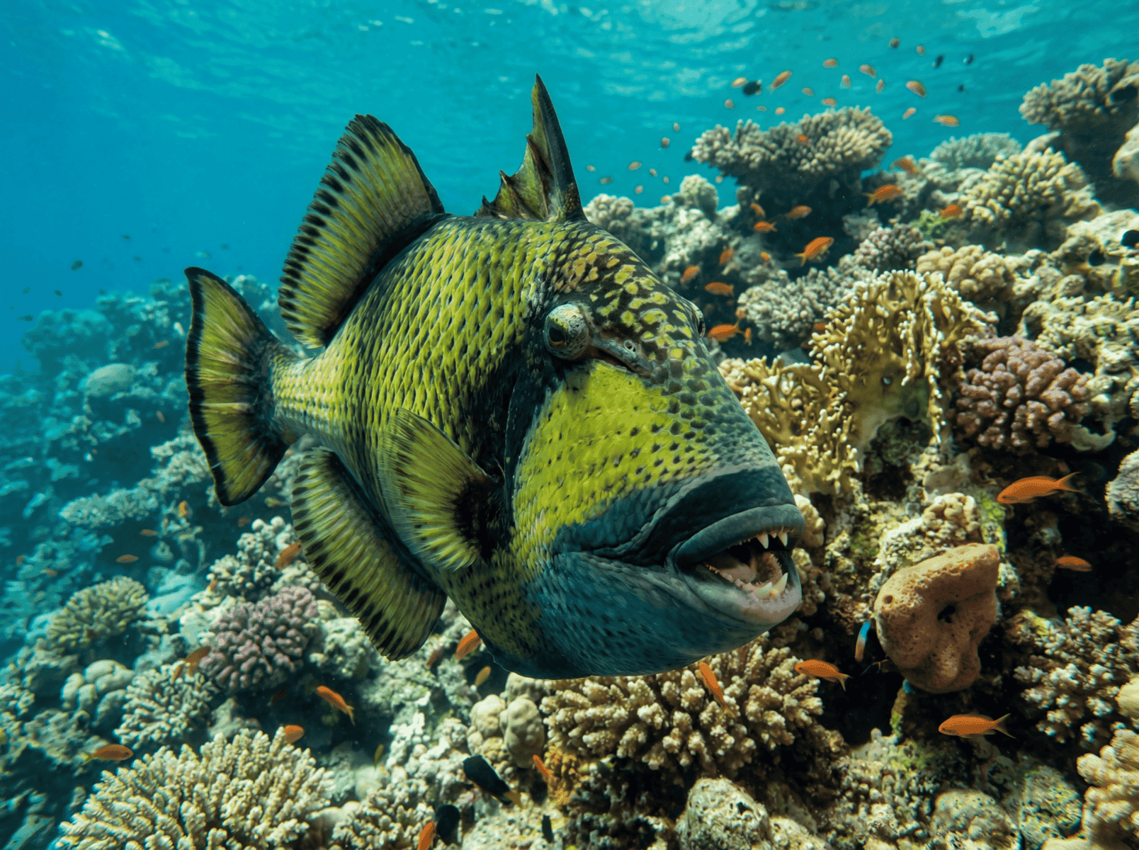 Pesce pappagallo giallo e blu con bocca aperta tra coralli colorati nella barriera corallina sottomarina