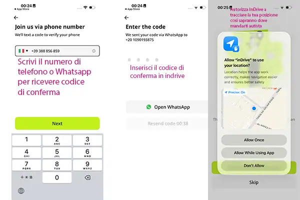 Screenshot di procedura di verifica telefonica con inserimento numero e codice, richiesta di permessi di localizzazione su app mobile