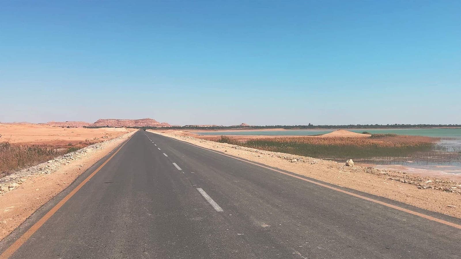 Strada asfaltata diritta che attraversa il deserto egiziano con campi irrigati e una collina rocciosa all'orizzonte sotto cielo azzurro
