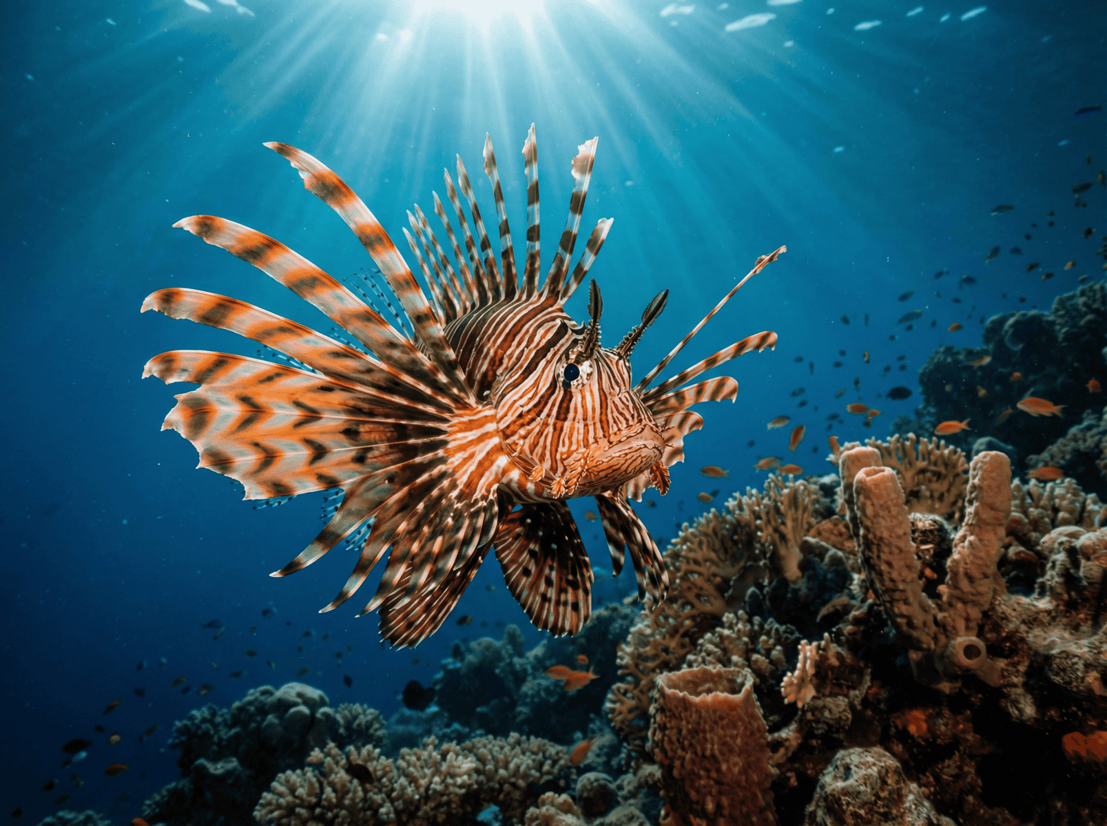 Pesce leone con pinne a ventaglio arancioni e nere nuota sopra la barriera corallina in acque cristalline