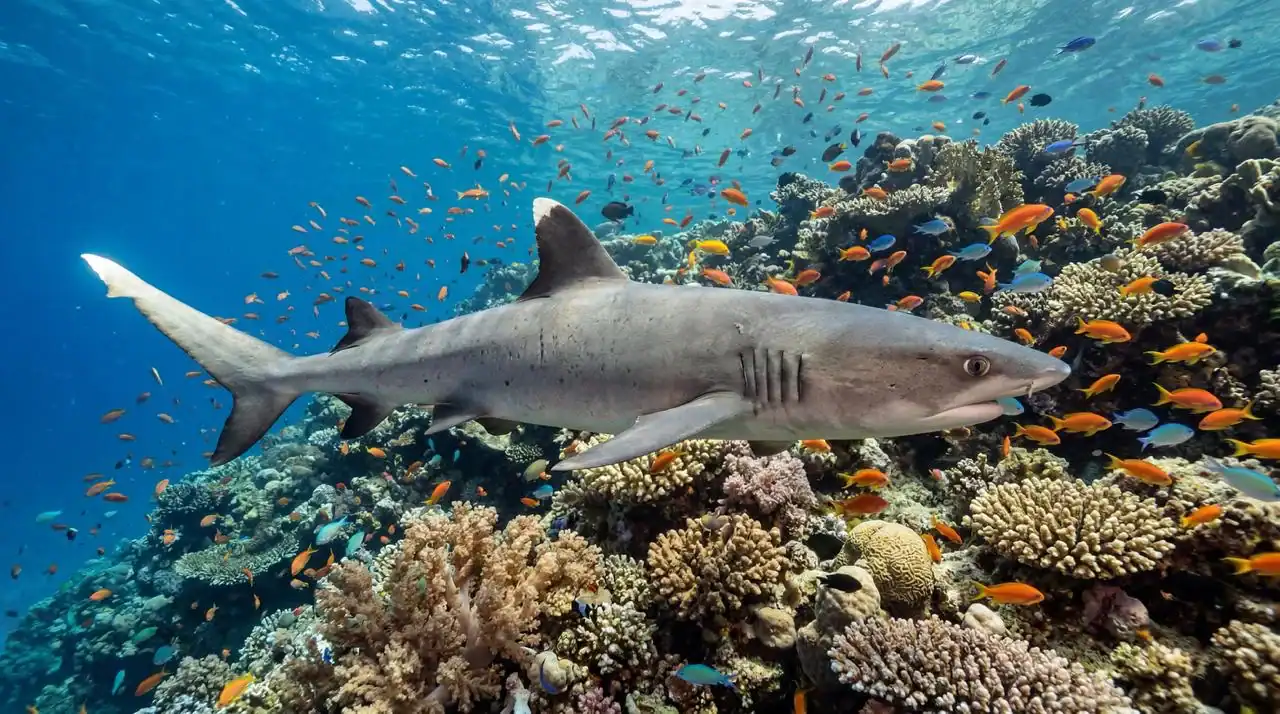 Squalo grigio nuota tra i coralli colorati della barriera corallina circondata da pesci arancioni e blu