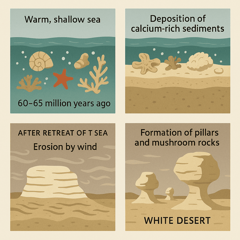 come si sono formate nei secoli le tipiche rocce del deserto bianco, 65 milioni di anni fa c' era il mare poi resti di molluschi e sedimenti hanno creato queste rocce che sono state poi levigate dal vento