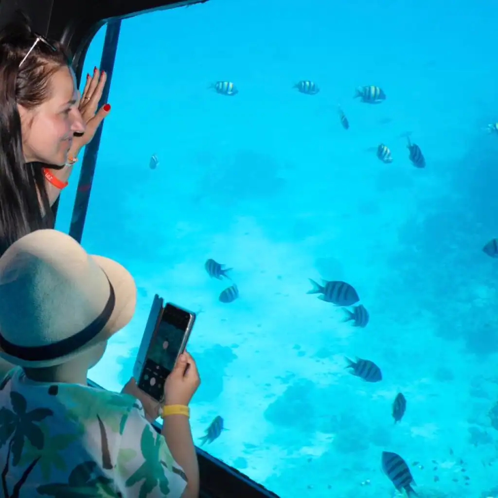 Persone nel sottomarino di Sharm el-Sheikh che guardano i pesci